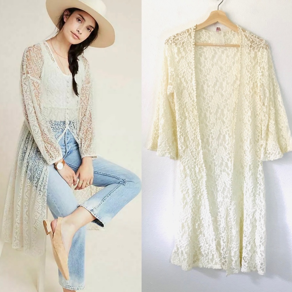 Anthropologie Maeve Lace Duster Cardigan Ivory M